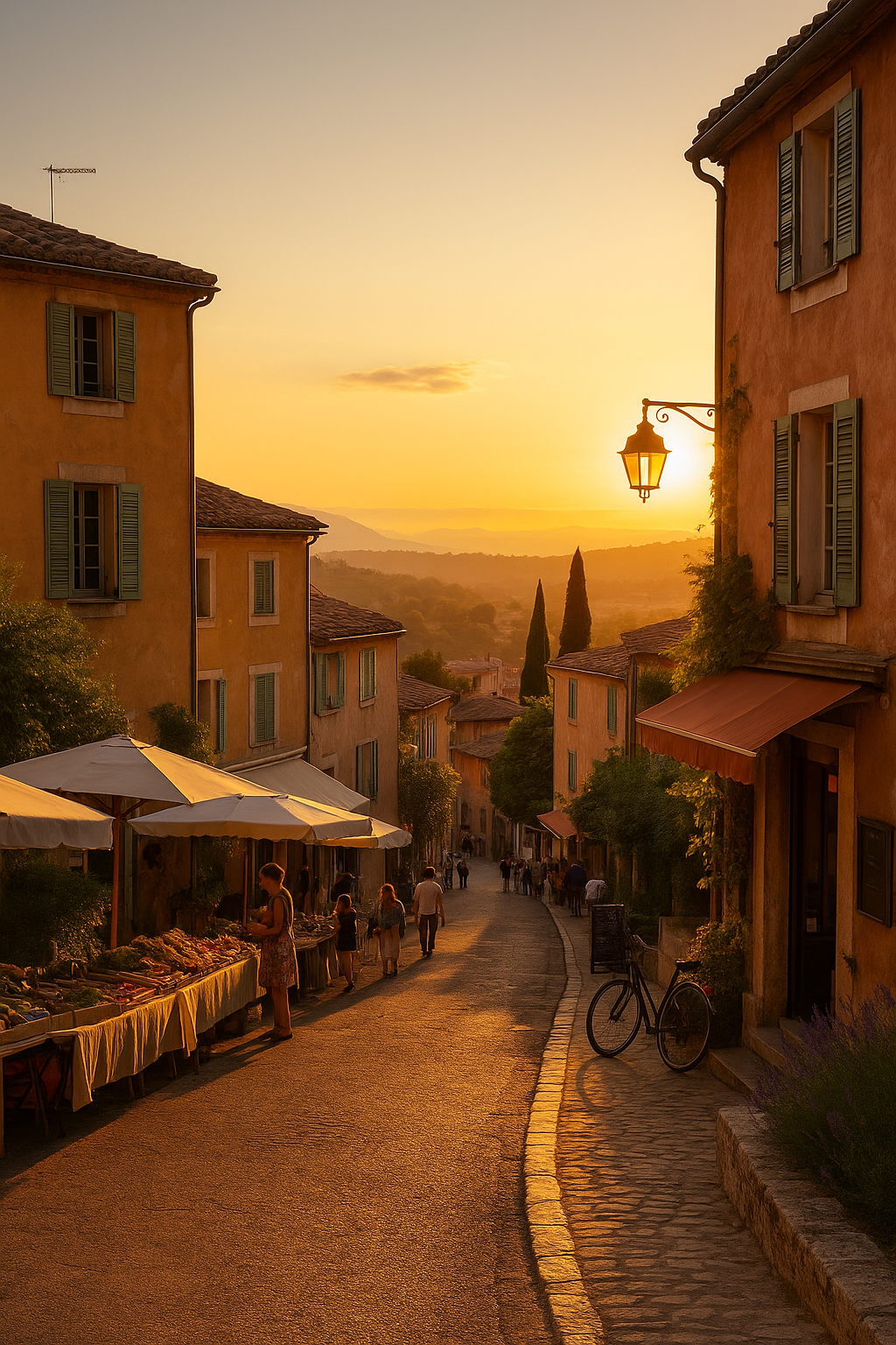 a street with people walking down it, South of France 