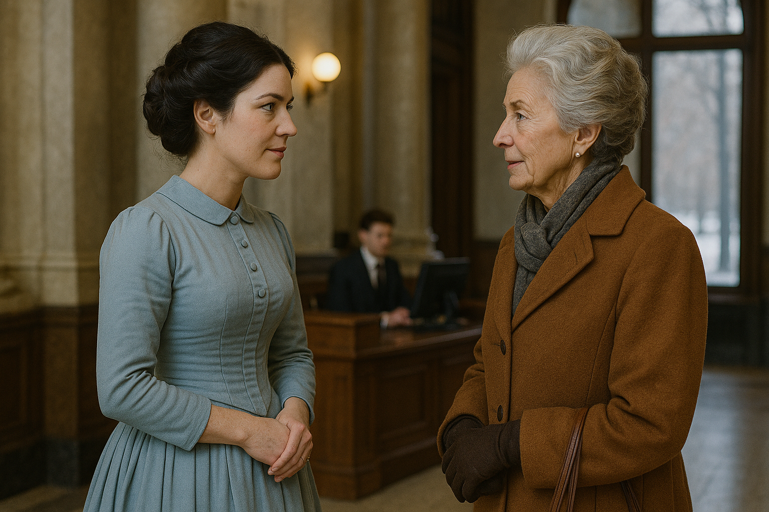 Amanda standing foyer of bank with older woman