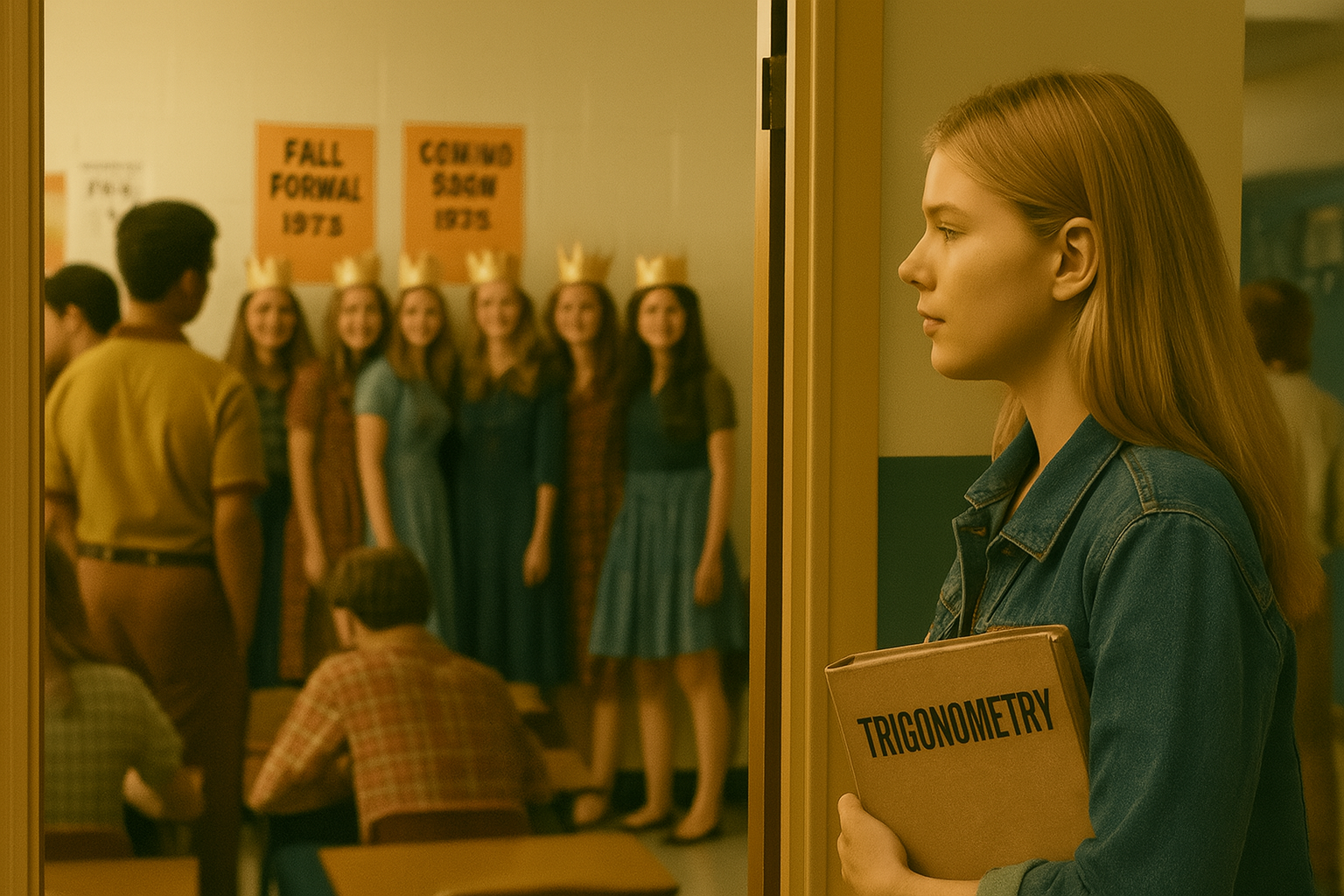 Queenie 1 Queenie in hallway with 6 girls and trig