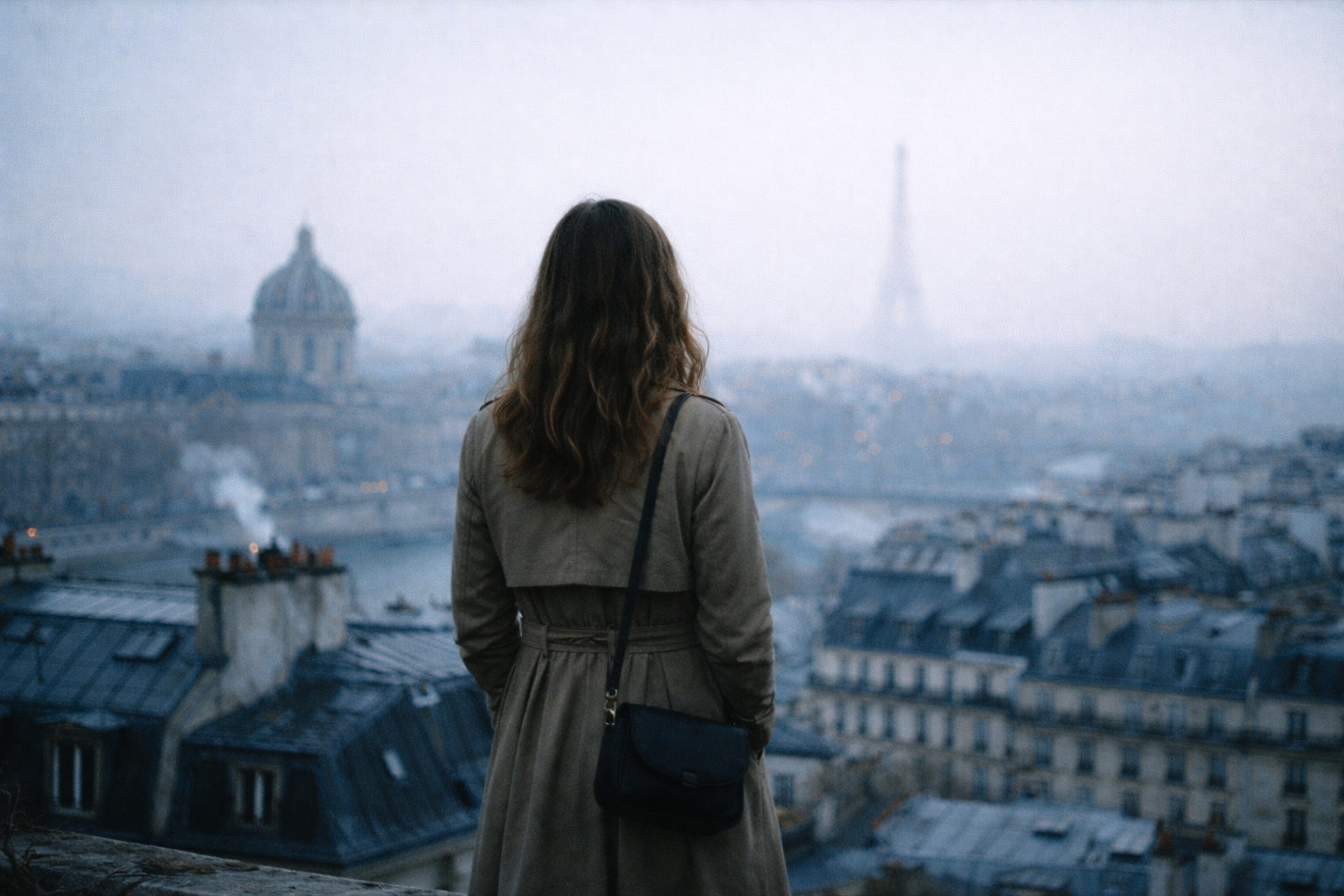 A lone figure in Paris mist