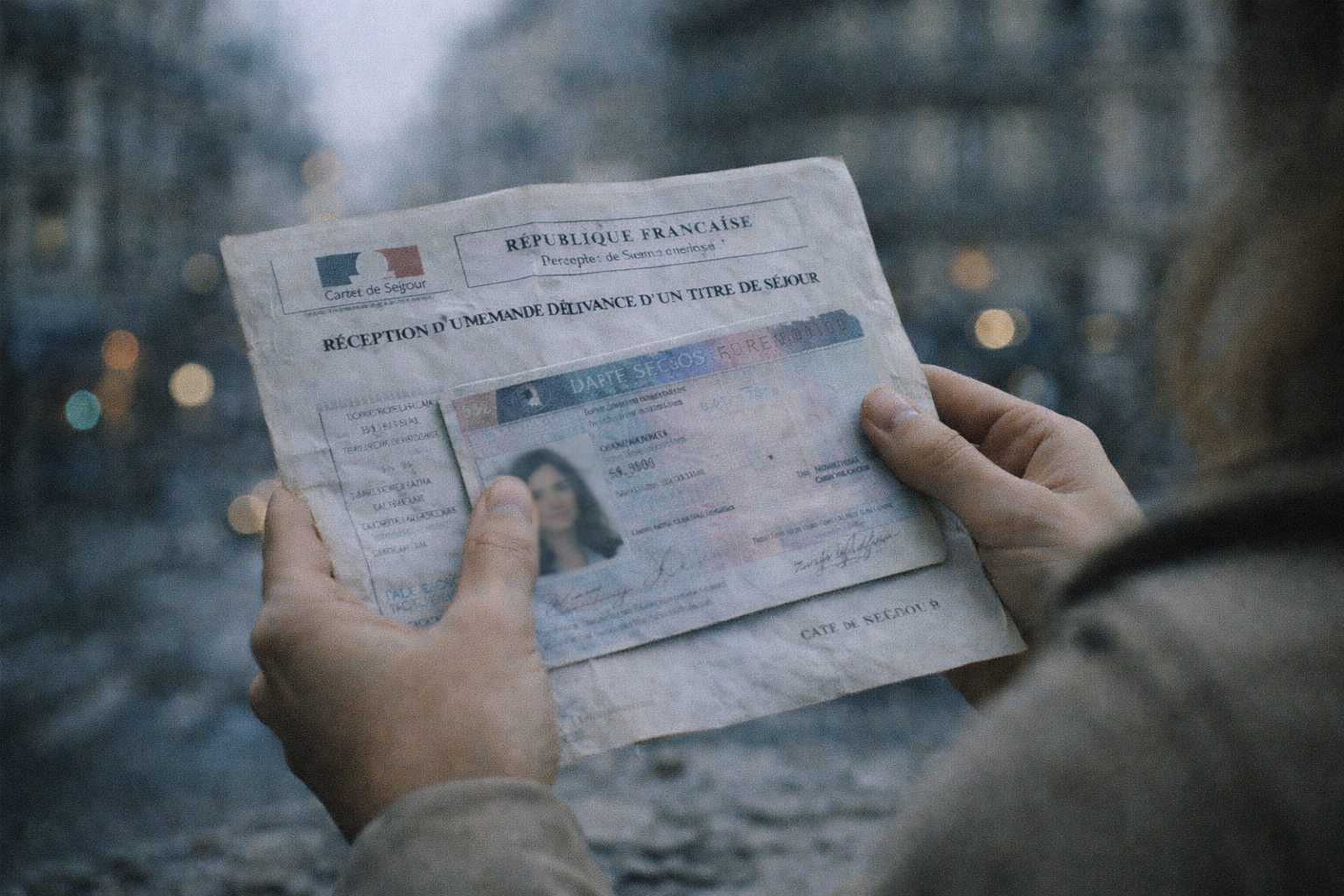 Holding French residence documents in Paris