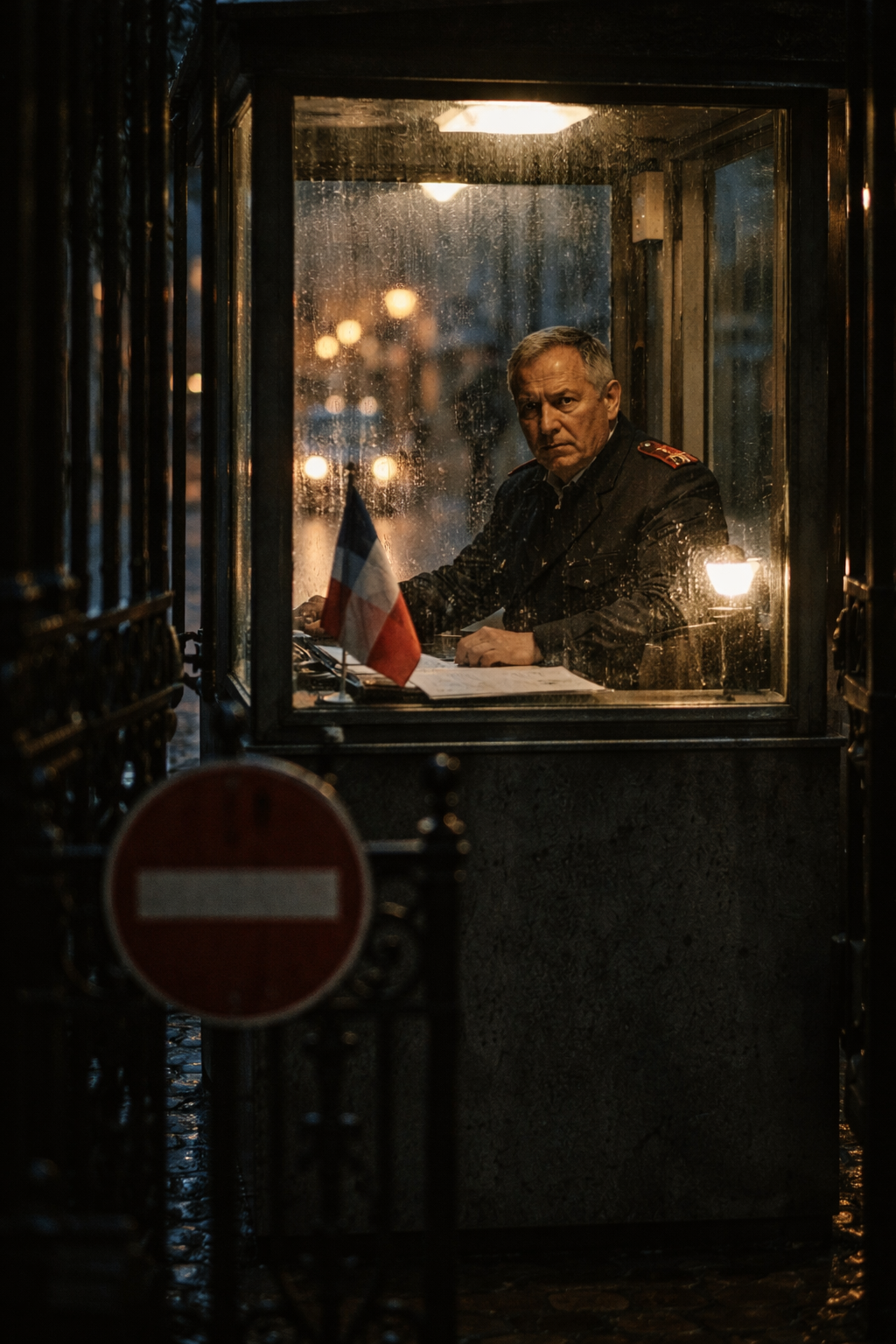 Stern guard in rainy Paris night