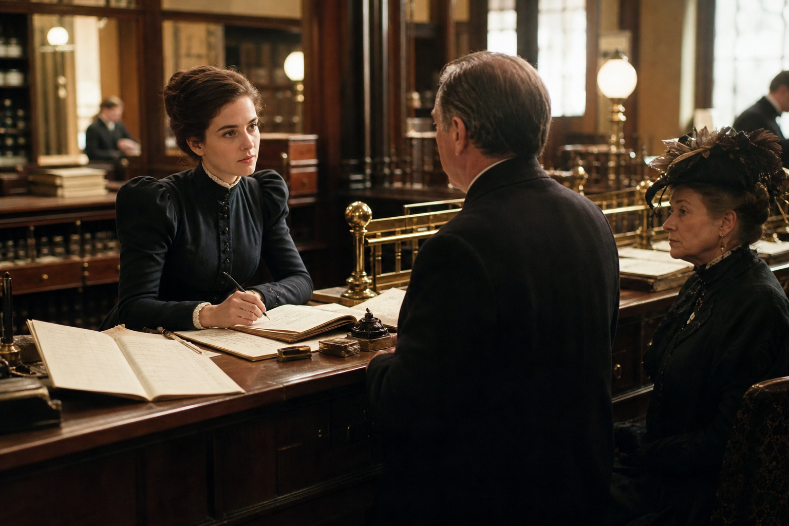 A Suitable Woman 2 Amanda resolving a customer issue inside the Victorian family bank