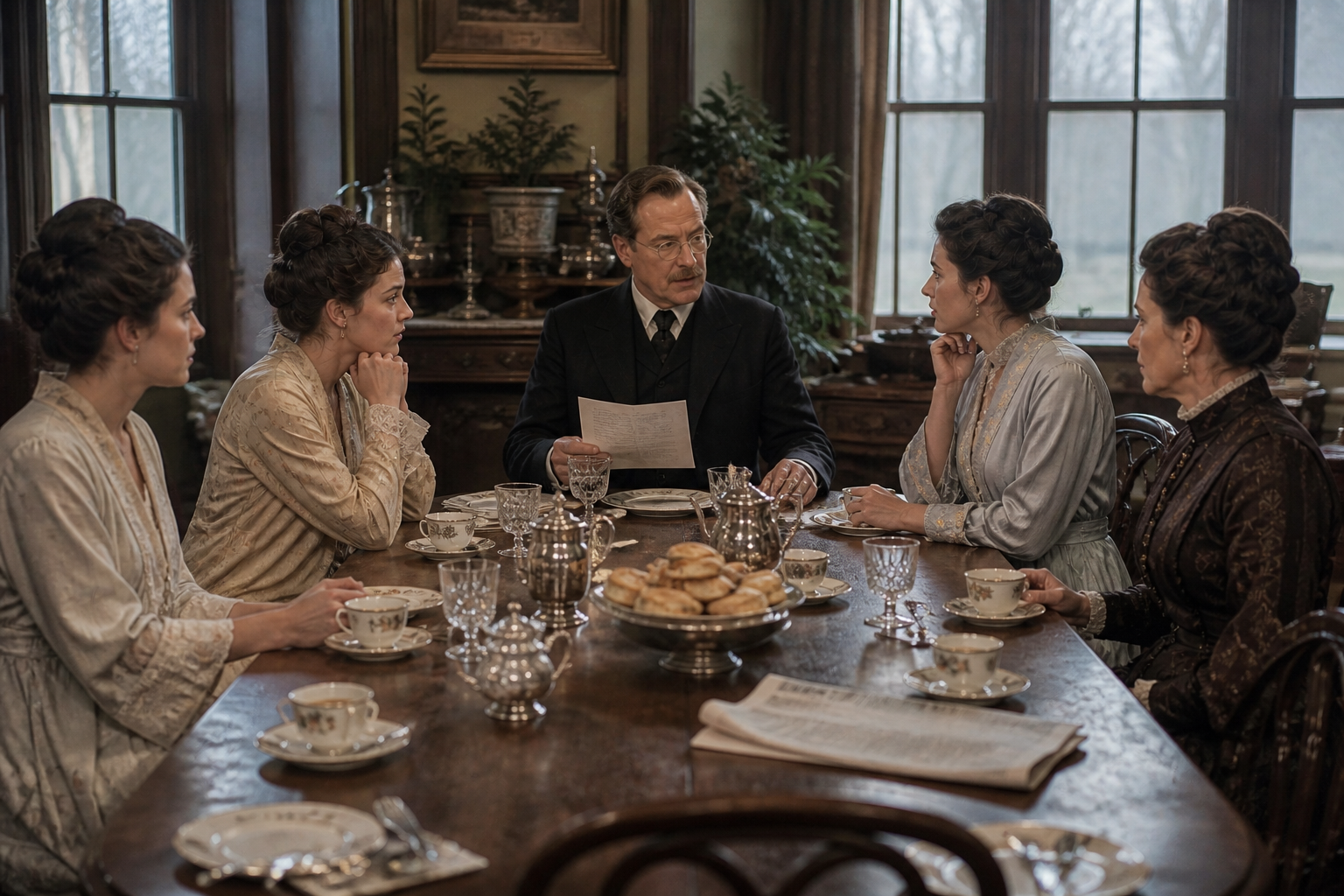 A Suitable Woman 5 The Lytchfield family at breakfast as Loyd announces the decision about London